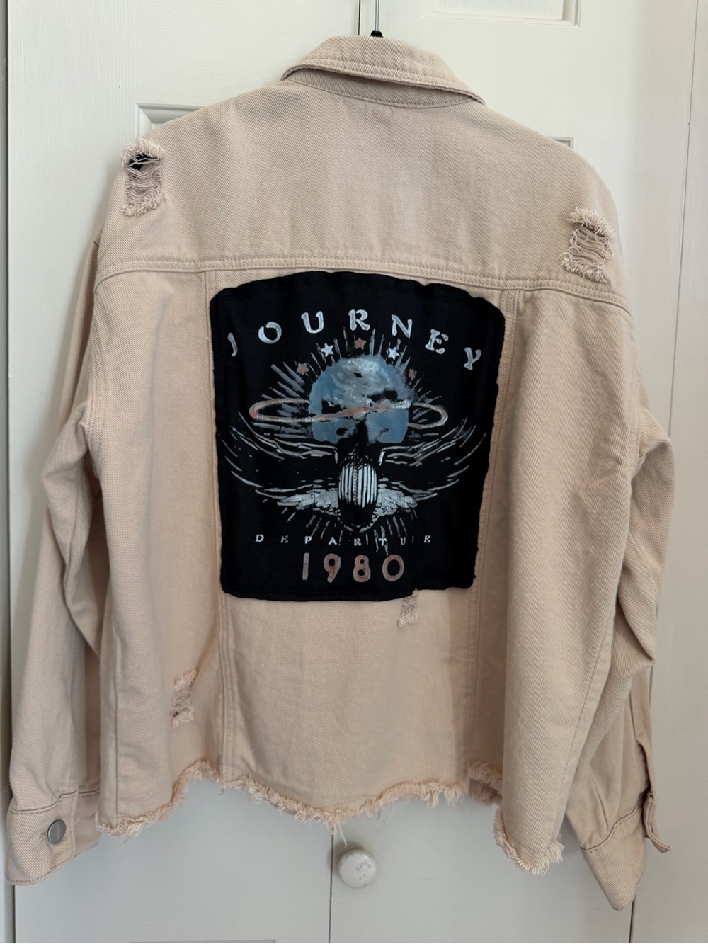 Peach Love Cali Distressed UP-Cycled Jacket. 1980 Journey band